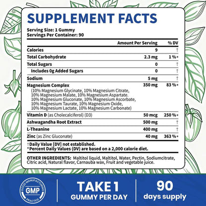 VelvaFlow 14-in-1 Magnesium Gummies with Ashwagandha, L-Theanine, D3 & Zinc